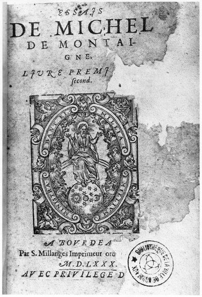 Pagina del titolo della prima edizione di Essais di Michel de Montaigne (1533-92) 1580 da French School