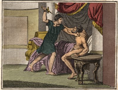 Tito Manlio Torquato (console nel 347 a.C.) armato di coltello, costringe il tribuno Marco Pomponio a ritrattare le accuse contro suo padre Lucio Manlio Capitolino Imperioso da French School