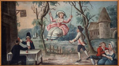 Ai tre ordini riuniti. Il Clero, la Nobiltà e il Terzo Stato riuniti in una taverna. Una giovane donna dondola. Insegna dipinta del mercante di coccarde, proveniente dal Palazzo Reale, dipinto anonimo, periodo rivoluzionario da French School