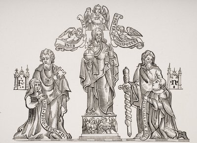 Decorazione della tomba raffigurante Nicholas Flamel (c.1330-c.1418) e sua moglie Pernelle, dopo le decorazioni nel Cimitero degli Innocenti, Parigi, da Le Moyen Age et La Renaissance di Paul Lacroix (1806-84) da French School