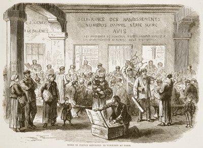 Restituzione degli attrezzi impegnati agli operai a Parigi, illustrazione da Cassells History of the War between France and Germany, 1870-1871 da French School