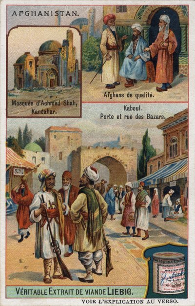 In alto: Moschea di Achmed Shah a Kandahar e ritratti di ricchi afghani. In basso: bazar di Kabul in Afghanistan. Cromolitografia pubblicitaria del XIX secolo. da French School