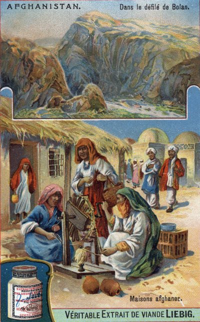 In alto: Parata di Bolan in Afghanistan. In basso: Donne afghane che tessono lana davanti alle loro case. Cromolitografia del XIX secolo. da French School