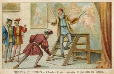 Carta commerciale raffigurante Carlo V che raccoglie il pennello di Tiziano da French School
