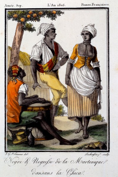 Danza tradizionale: abitanti della Martinica che ballano la chica. Incisione del 1805 da French School