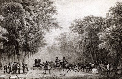 Traffico a Parigi, Francia, nel XIX secolo, circa 1830 da French School