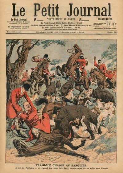 Caccia al cinghiale tragica, il cavallo di Carlo I, Re del Portogallo, viene ucciso sotto di lui, illustrazione di copertina da 