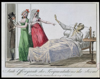 Conseguenza tragica della frequentazione dei bordelli, caricatura di un sifilitico, c.1800 (incisione a colori) da French School