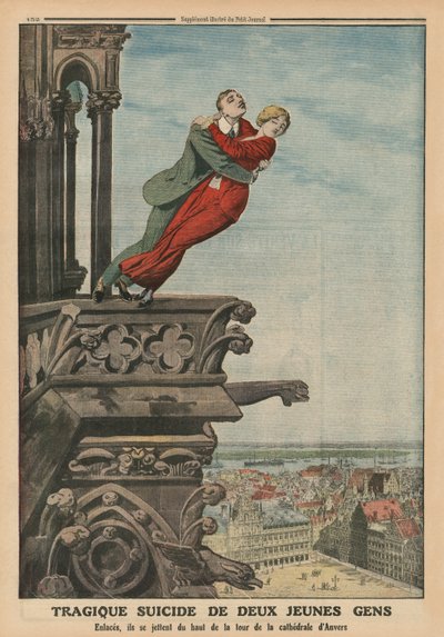Suicidio tragico di due giovani dalla torre della cattedrale di Anversa, illustrazione di copertina da 