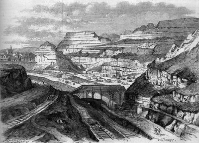 Trasformazioni di Parigi sotto il Secondo Impero, Parigi haussmanniana: trasformazione in parco delle cave di gesso delle Buttes-Chaumont. Incisione in "Le Monde Illustre" n.306 del 21 febbraio 1863 da French School