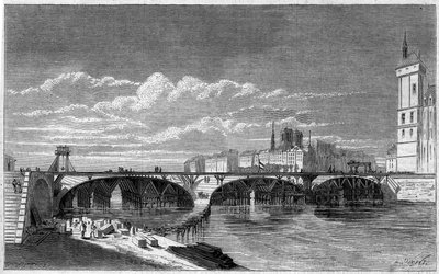 Trasformazioni di Parigi sotto il Secondo Impero, Haussmann Parigi: veduta del Pont au Change durante la sua ricostruzione. Incisione in "Le Monde Illustré" n.16 del 7 luglio 1860 da French School
