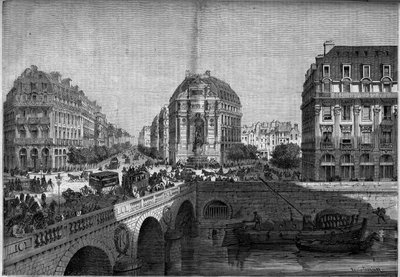 Trasformazioni di Parigi sotto il Secondo Impero, Haussmann Parigi: vista della fontana Saint Michel (1860) sul Boulevard de Sebastopol. Incisione in "Le Monde Illustré" n°175 del 18 agosto 1860. da French School