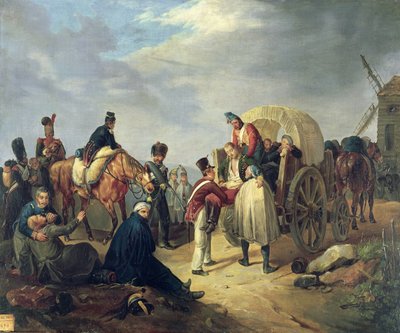 Trasporto di soldati feriti durante le guerre napoleoniche da French School