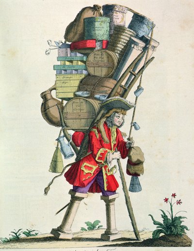 Venditore ambulante di spezie, liquori e rimedi nel 1721, da Costumes de Paris a Travers les Siecles, pubblicato nel 1887 da French School
