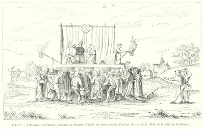 Treteaux di un barcaiolo, venditore di droghe, da un disegno colorato di un manoscritto del XV secolo da French School