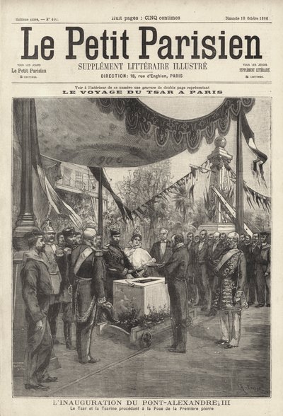 Lo zar Nicola II e la zarina Alessandra di Russia a una cerimonia di posa della prima pietra del Pont Alexandre III a Parigi durante la loro visita in Francia da French School