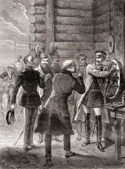 Lo zar Nicola I inaugura la linea telegrafica a semaforo tra Mosca e Varsavia nel 1833, utilizzando una modifica del sistema a semaforo di Claude Chappe, da Les Merveilles de la Science, pubblicato c.1870 da French School