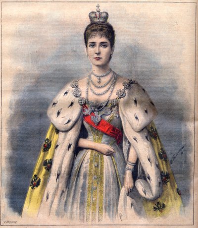 La zarina Alessandra di Russia nei suoi abiti di incoronazione. Illustrazione per Le Petit Journal, 24 maggio 1896 (incisione) da French School