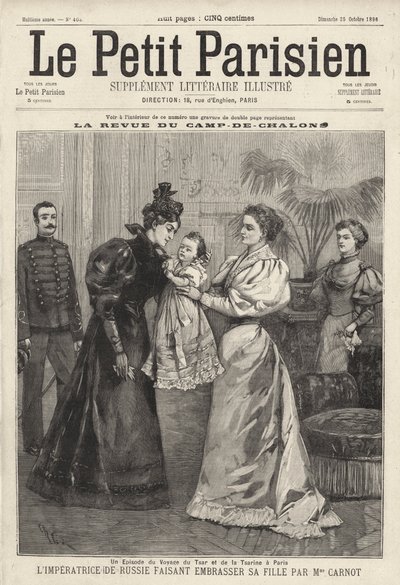 La zarina Alessandra di Russia invita la vedova del presidente francese Sadi Carnot a baciare sua figlia, la granduchessa Olga, durante la visita della famiglia imperiale russa a Parigi da French School