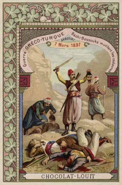 I Bashi-bazouk turchi mutilano i cadaveri greci, Akrotiri, Creta, Guerra greco-turca, 7 marzo 1897 da French School