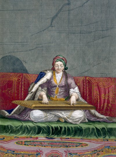 Ragazza turca che suona uno strumento a tastiera, da Collection of One Hundred Prints Representing the Different Nations of the Levant di Charles de Ferriol, inciso da Gerard Scotin (1671-1716) da French School