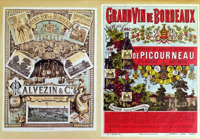 Due pubblicità per Malevezin e Company distributori e il vigneto Chateau de Picourneau, dalla regione di Bordeaux, fine XIX secolo da French School