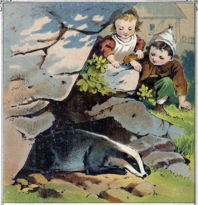 Due bambini osservano un tasso nella sua tana. Da 
