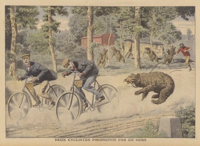 Due ciclisti inseguiti da un orso fuggito da French School