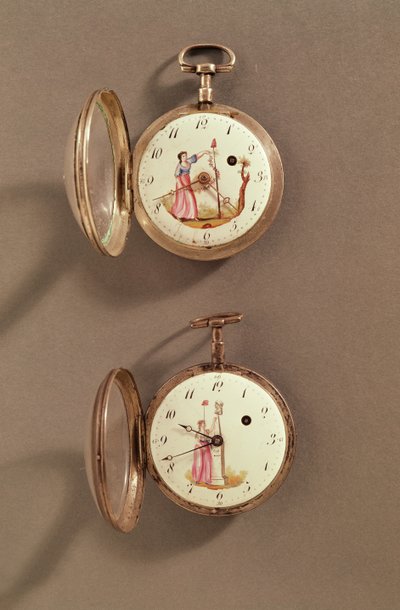 Due orologi da tasca con simboli rivoluzionari (metallo e smalto) da French School
