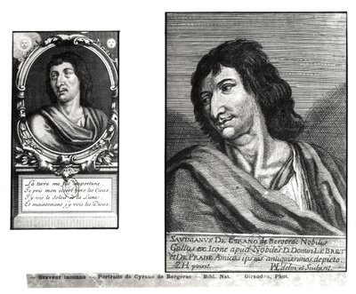 Due ritratti di Savinien Cyrano de Bergerac (1619-55), a destra dopo Zacharie Heince (1611-69) da French School