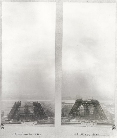 Due vedute della costruzione della Torre Eiffel, Parigi, 12 dicembre 1887 e 15 marzo 1888 da French School