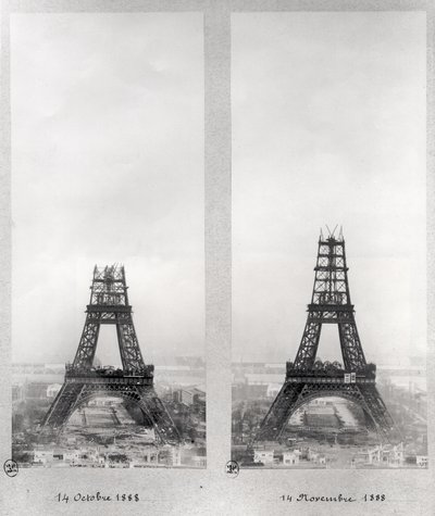 Due vedute della costruzione della Torre Eiffel, Parigi, 14 ottobre e 14 novembre 1888 da French School