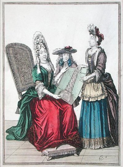 Due donne e un ragazzo che ammirano una stampa del Grande Faro di Alessandria, fine XVII secolo da French School