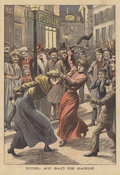 Due donne che lottano con calze piene di sabbia (litografia a colori) da French School