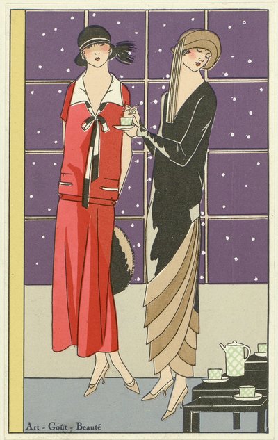 Due donne che prendono il tè e vestite con disegni di Jean Patou e Beer, da Art-Goût-Beauté pub. 1924 da French School
