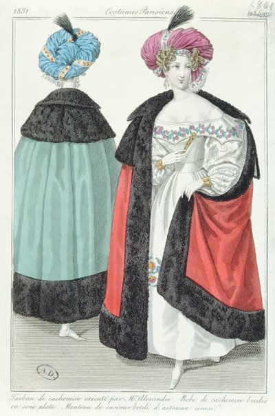 Due donne con turbanti, abiti e mantelli di cashmere, da Costumes Parisiens, 1831 da French School