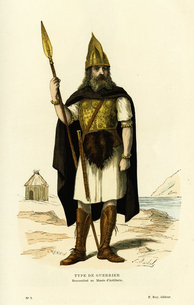 Tipo di guerriero gallico, con lancia e spada nydam. Incisione a colori dal disegno di L. Hennin, in 