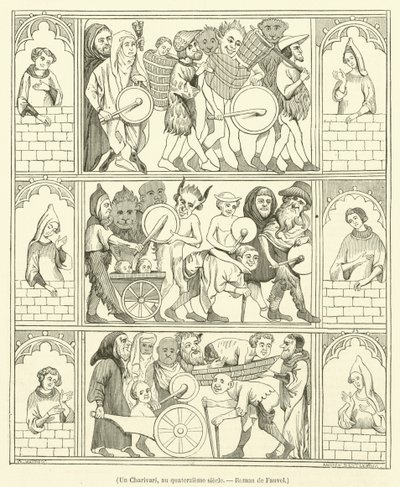 Un Charivari, au quatorzieme siecle, Roman de Fauvel (incisione) da French School