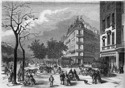 Uno dei primi "rifugi" per i pedoni che attraversano i boulevard a Parigi istituito tra il boulevard des Capucines e il boulevard de la Madeleine da French School