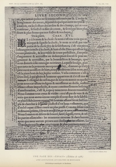 Una pagina degli Essais, edizione del 1588, con annotazioni autografe di Montaigne da French School