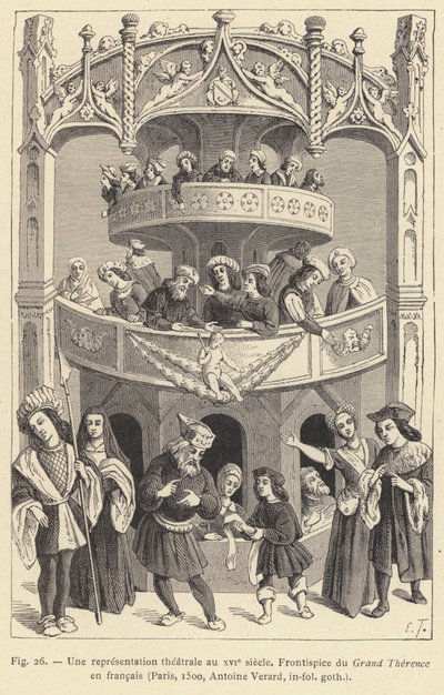 Una rappresentazione teatrale nel XVI secolo (incisione) da French School