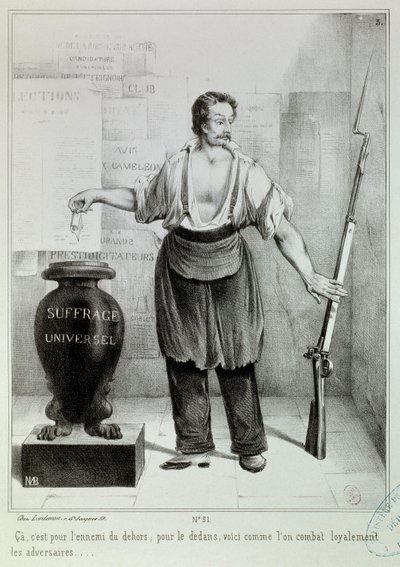 Suffragio universale: il voto o il fucile. Il voto deve combattere il nemico invece del fucile. Incisione di M.L. Bosredon, aprile 1848. Parigi, Museo Carnavalet da French School