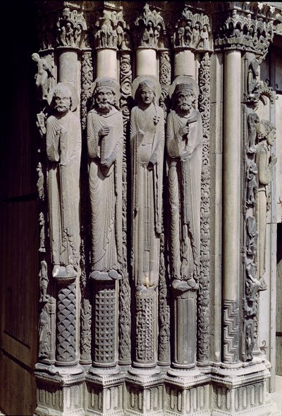 Figura sconosciuta, Re Salomone, la Regina di Saba e Re Davide, figure del portale reale, 1140-55 da French School
