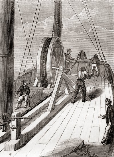 Srotolamento del cavo sottomarino da Dover a Calais a bordo del Blazer, 25 dicembre 1851, da Les Merveilles de la Science, pubblicato c.1870 (incisione) da French School