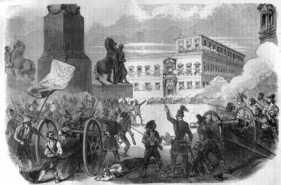 Rivolta a Bologna: rovesciamento del governo pontificio sotto Gregorio XVI Papa dal 1831 al 1846. Incisione in 