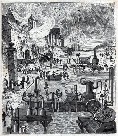Uso di vari sistemi di pompe in un incendio nel XIX secolo - Incisione in "Scienze portate alla portata di tutti - fisica e chimica" di Alexis Clerc - Fine del XIX secolo. Collezione privata. da French School