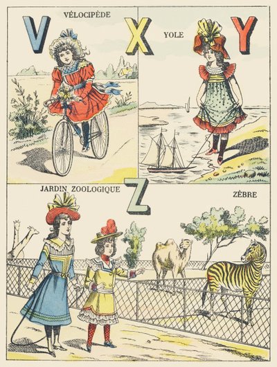 V X Y Z: velocipede, yole, giardino zoologico, zebra da French School