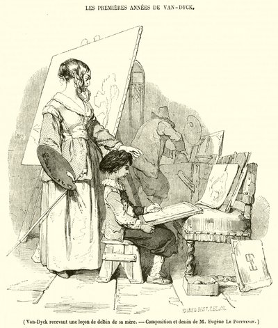 Van-Dyck riceve una lezione di disegno da sua madre da French School