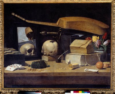 Vanitas, natura morta con mazzo di carte, strumento e teschio da French School