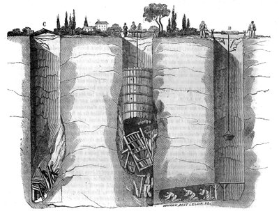 Varie: taglio del pozzo e salvataggio dei pozzi utilizzati per sbloccare un operaio rimasto bloccato dopo una frana per diversi giorni, Champvert, vicino a Lione. In "Le magasin pittoresque" 1836 da French School